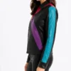 Color-block Biker Leather Bomber Jacket For Womens