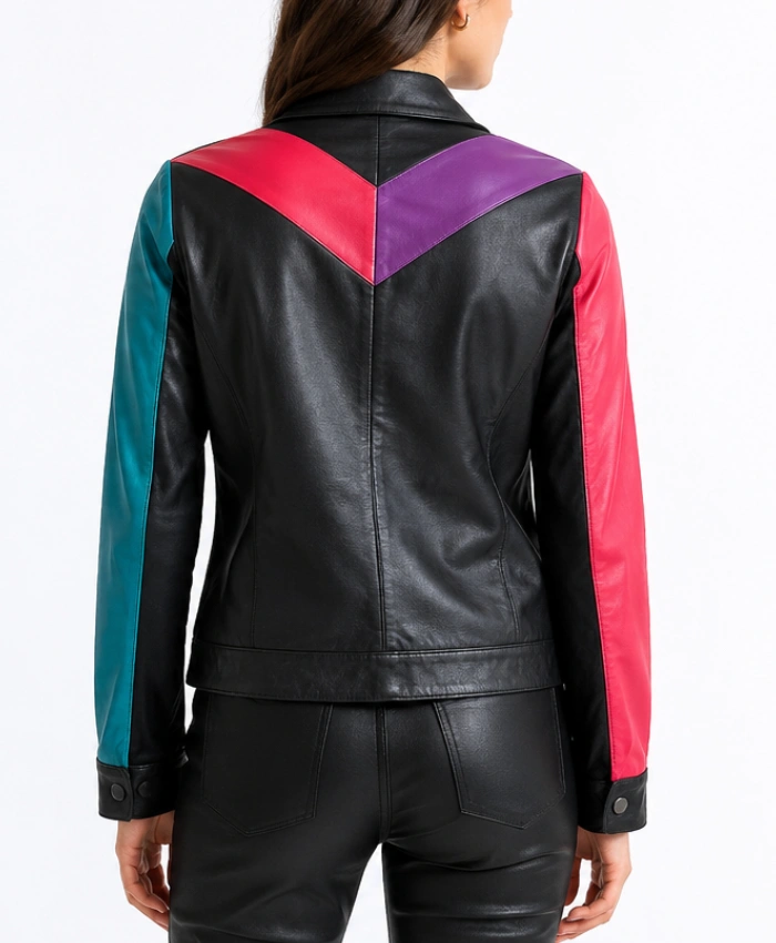 Womens Color-block Biker Leather Bomber Jacket