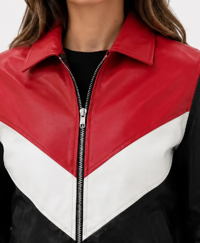 Colorblock Leather Bomber Jacket For Women