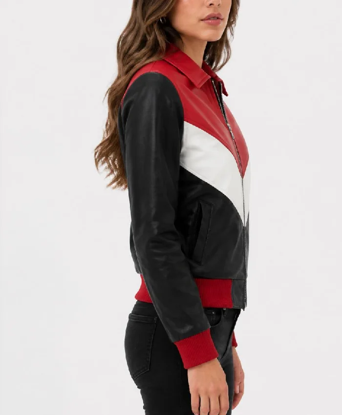 Colorblock Leather Bomber Jacket For Womens