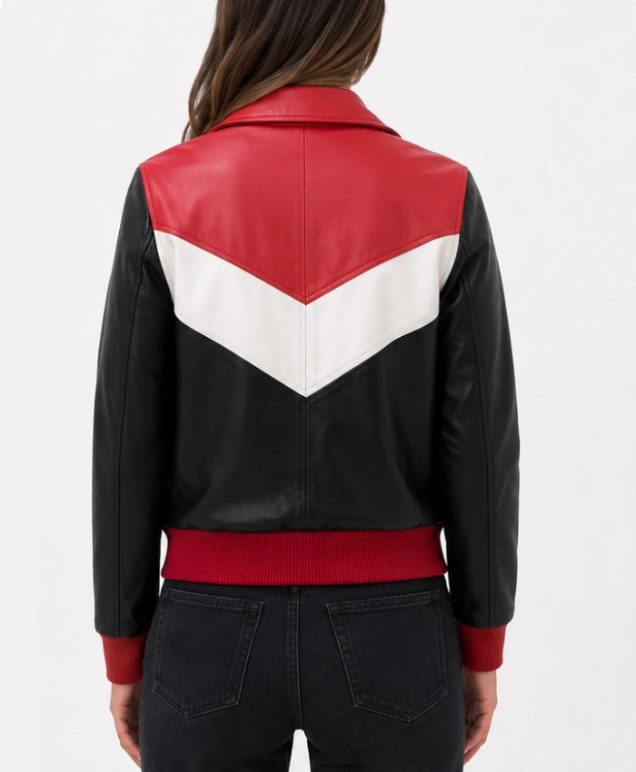 Womens Colorblock Leather Bomber Jacket