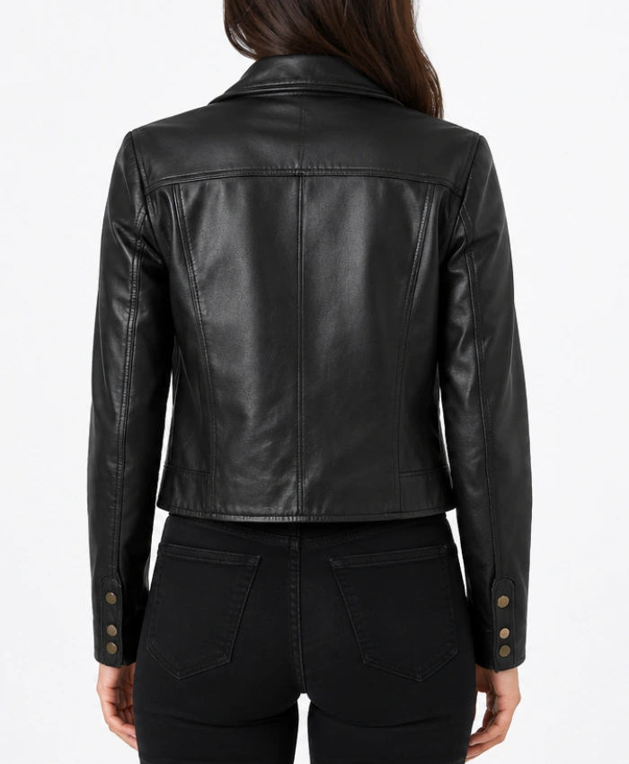 Womens Cropped Biker Leather Jacket in Black