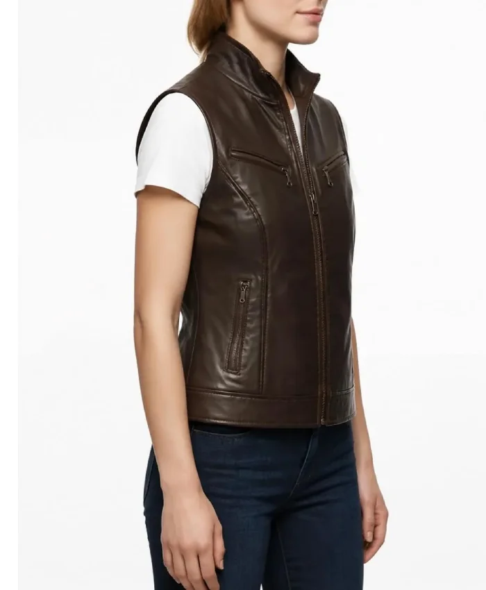 Dark Brown Biker Leather Vest For Womens
