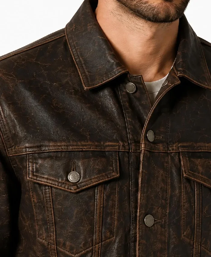 Dark Brown Distressed Trucker Leather Jacket For Men