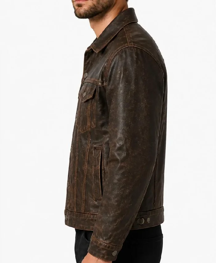 Dark Brown Distressed Trucker Leather Jacket For Mens