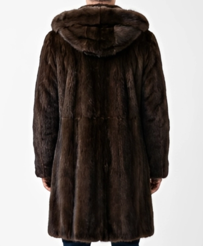 Mens Dark Brown Fur Coat with hood