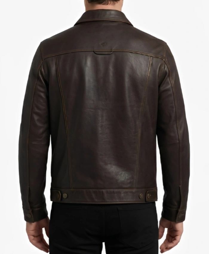 Mens Dark Brown Trucker Leather Jacket for sale