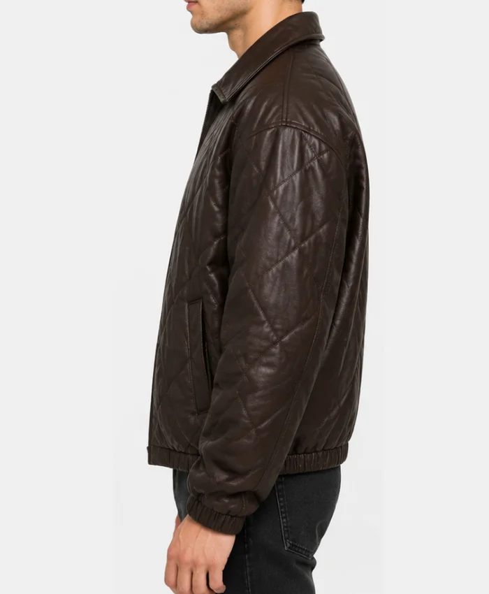 Dark Brown Oversized Quilted Leather Jacket For Mens