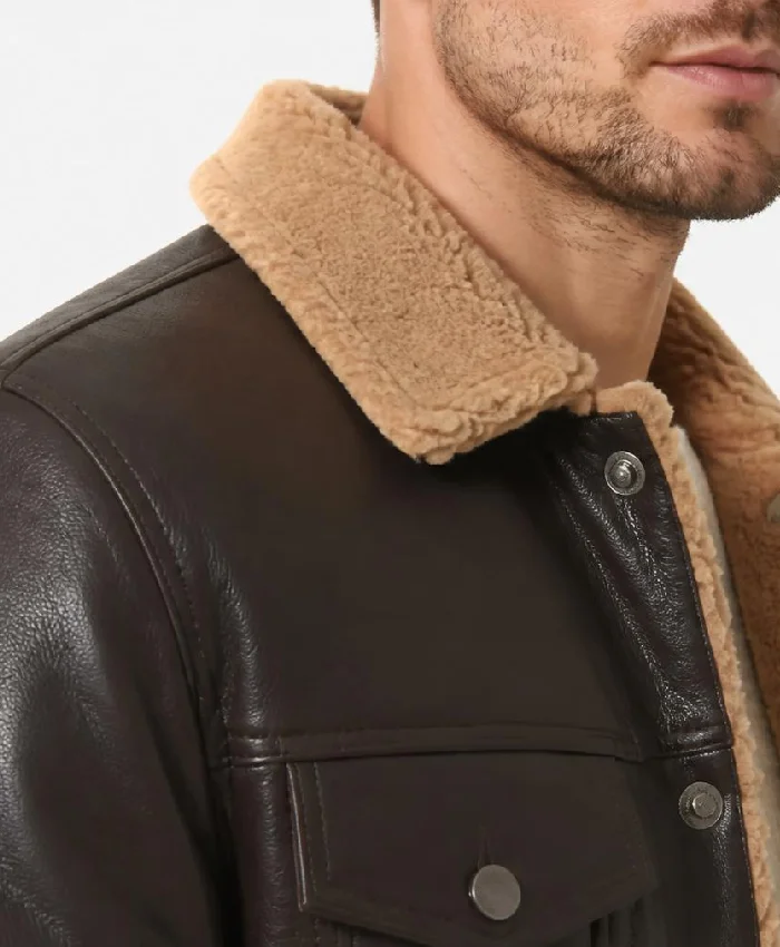 Dark Brown Shearling Trim Real Leather Trucker Jacket For Men