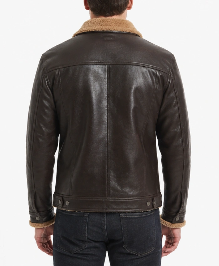 Men Dark Brown Shearling Trim Real Leather Trucker Jacket
