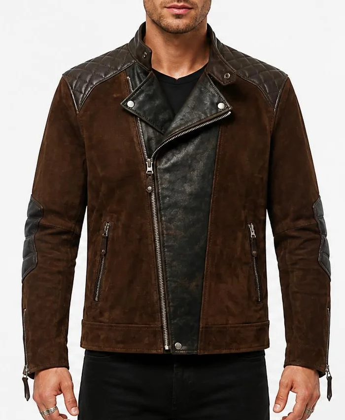 Dark Brown Suede Leather Jacket Cafe Racer Style For Men
