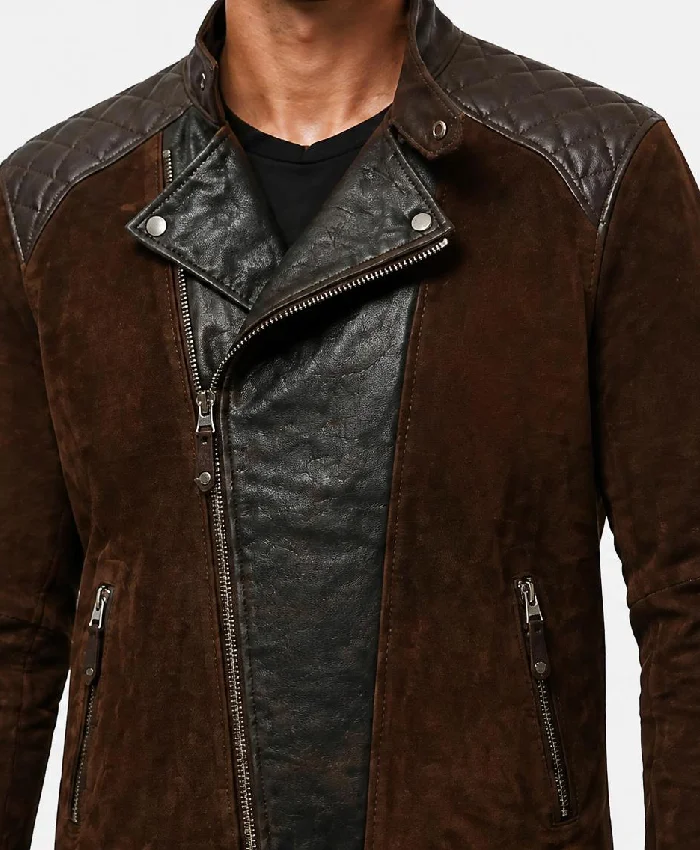 Dark Brown Suede Leather Jacket Cafe Racer Style Men