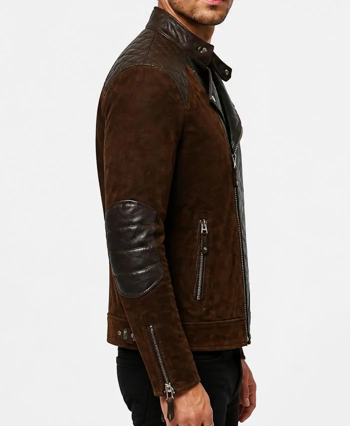 Dark Brown Suede Leather Jacket Cafe Racer Style Mens