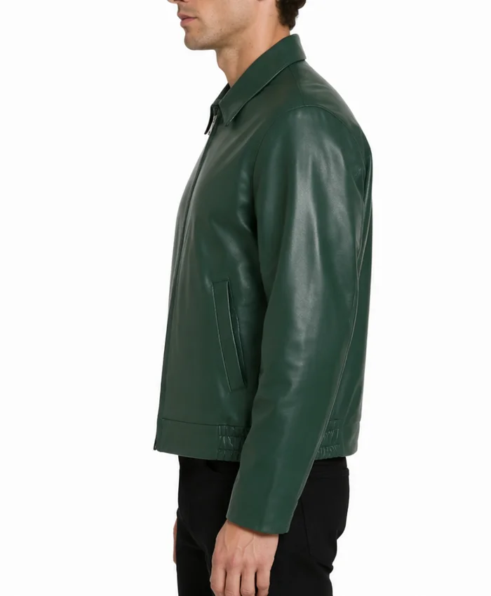 Dark Green Leather Bomber Jacket For Men