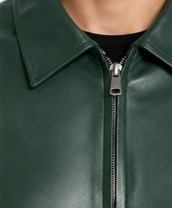 Dark Green Leather Bomber Jacket For Mens