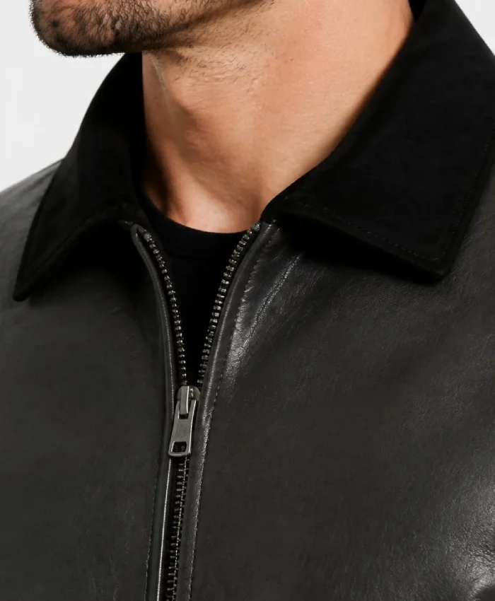 Dark Grey Oversized Leather Jacket with Suede Collar Men