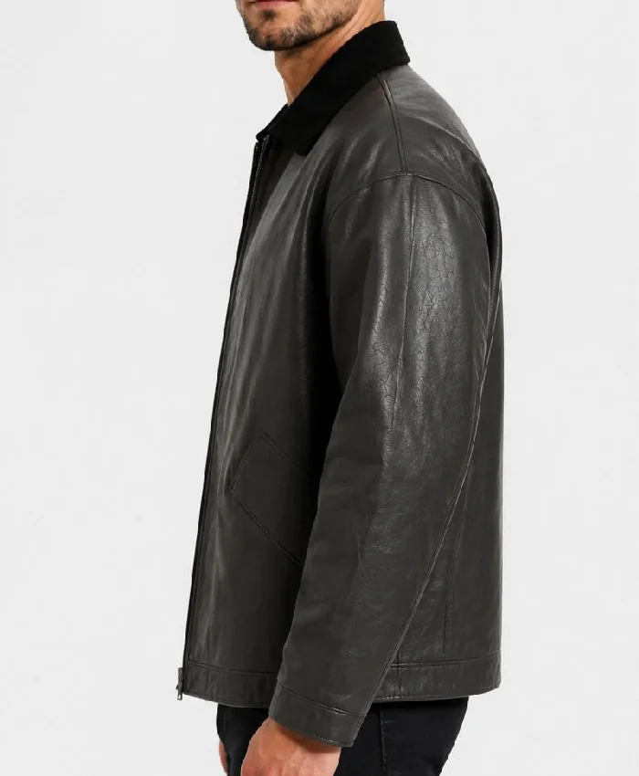 Dark Grey Oversized Leather Jacket with Suede Collar Mens