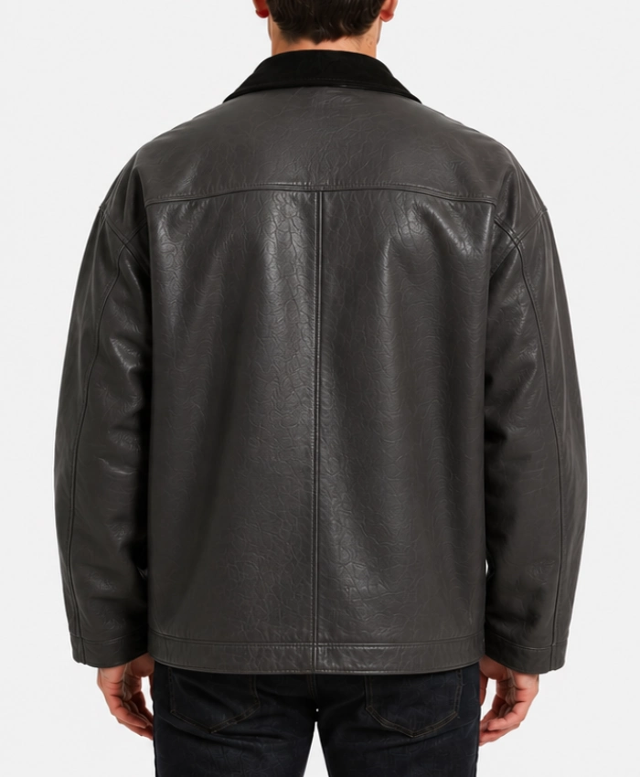 Mens Dark Grey Oversized Leather Jacket with Suede Collar