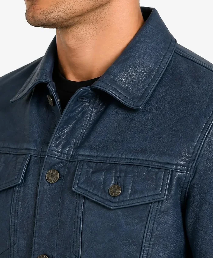 Denim Style Trucker Blue Washed Leather Jacket For Men
