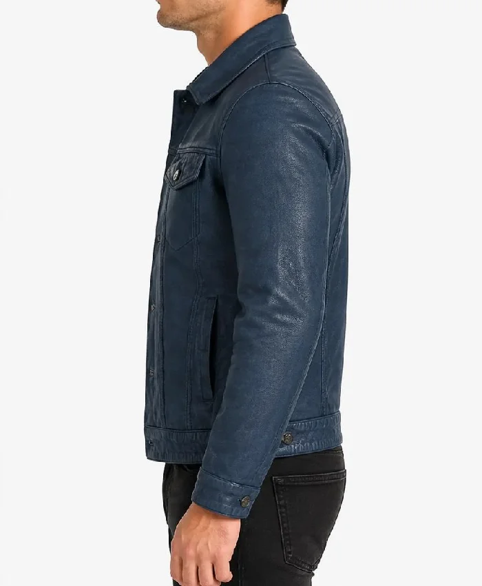Denim Style Trucker Blue Washed Leather Jacket For Mens
