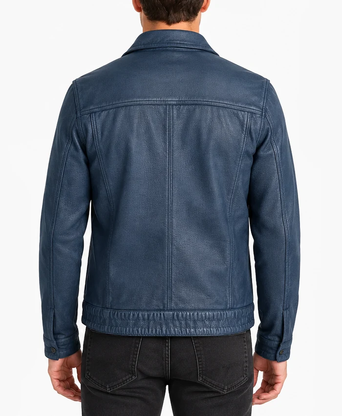 Mens Denim Style Trucker Blue Washed Leather Jacket