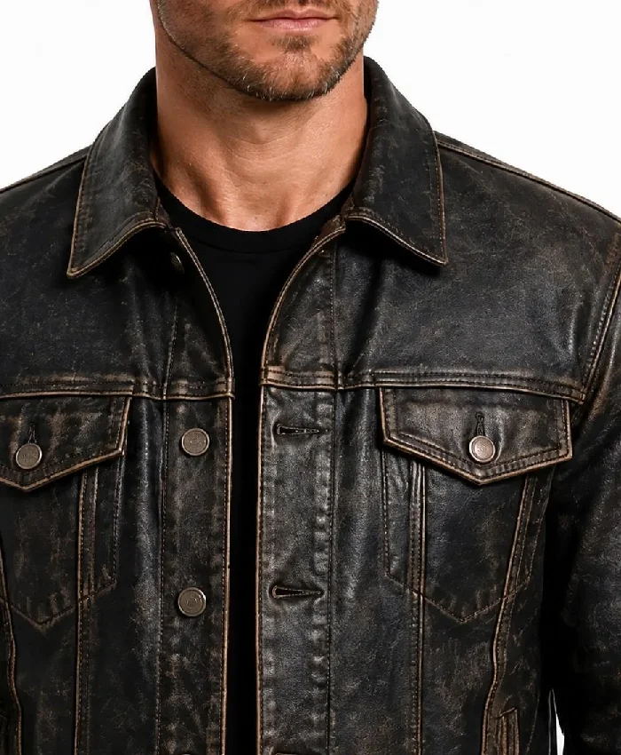 Distressed Black Washed Leather Jacket For Men