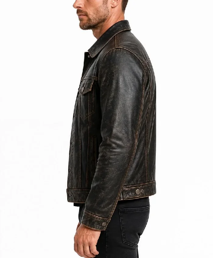 Distressed Black Washed Leather Jacket For Mens