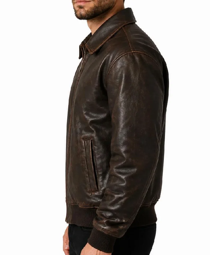 Distressed Bomber Brown Leather Jacket For Mens