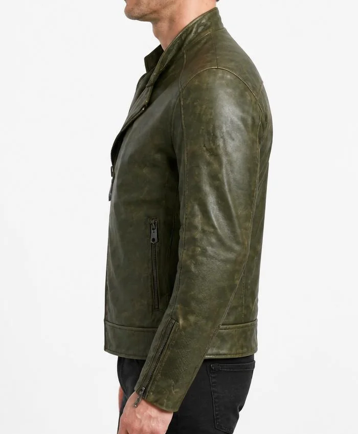 Distressed Green Leather Biker Jacket For Men