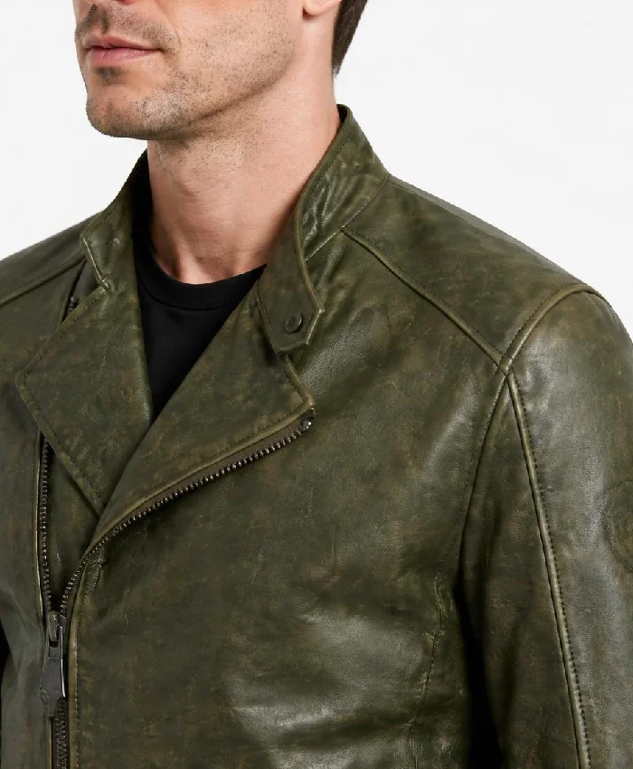 Distressed Green Leather Biker Jacket For Mens