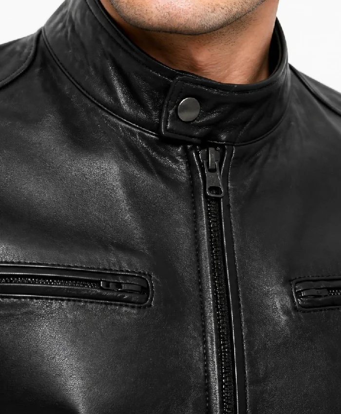 Dodge Cafe Racer Black Leather Jacket For Mens