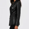 Double Breasted Black Leather Blazer For Womens