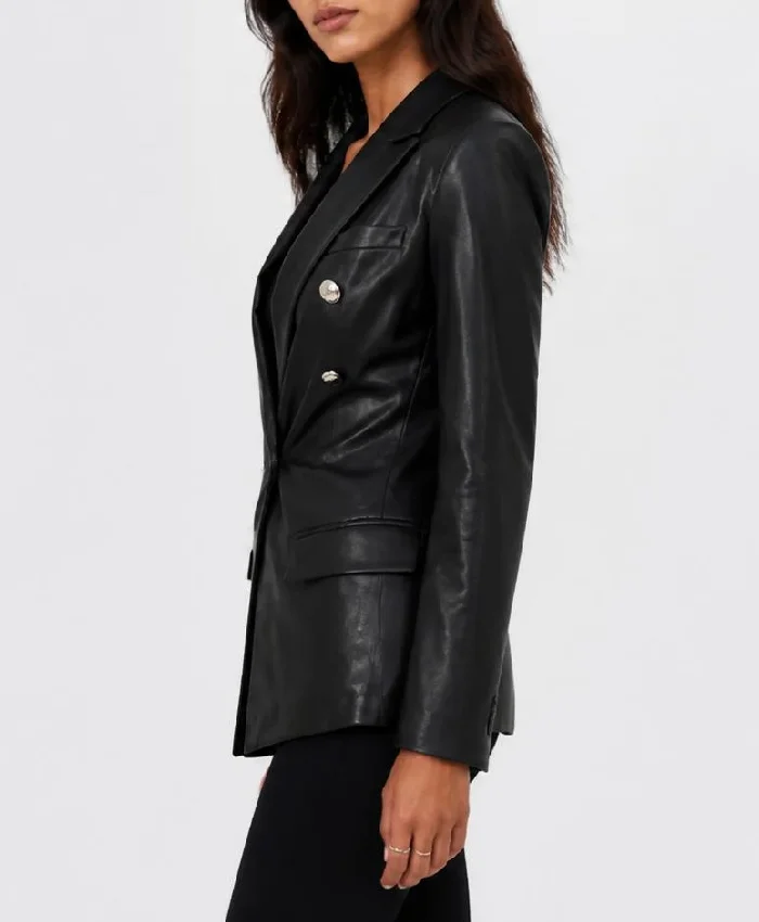 Double Breasted Black Leather Blazer For Womens