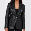 Women Double Breasted Black Leather Blazer