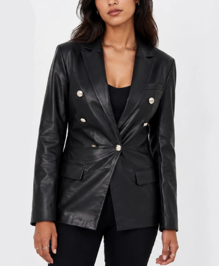 Women Double Breasted Black Leather Blazer