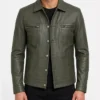 Olive Green Mens Four Pockets Trucker Leather Jacket