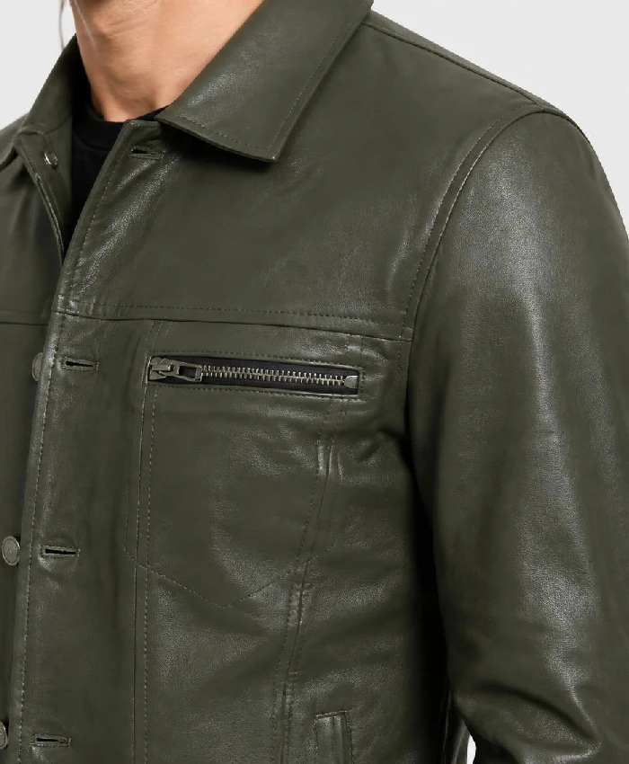 Four Pockets Olive Green Trucker Leather Jacket For Men