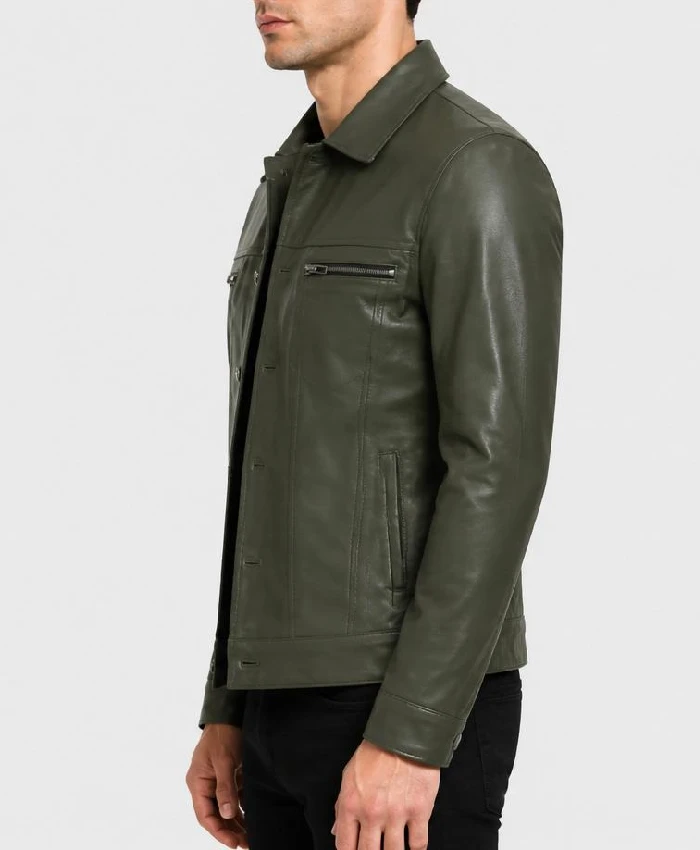 Four Pockets Olive Green Trucker Leather Jacket For Mens