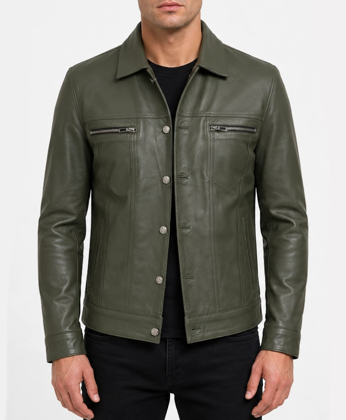 Olive Green Mens Four Pockets Trucker Leather Jacket