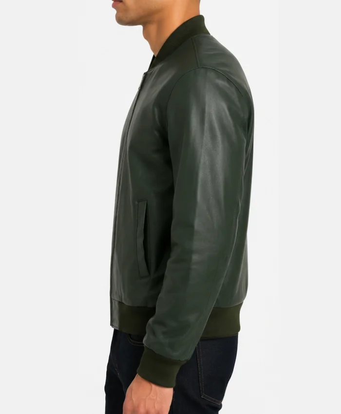 Green Leather Bomber Jacket For Men
