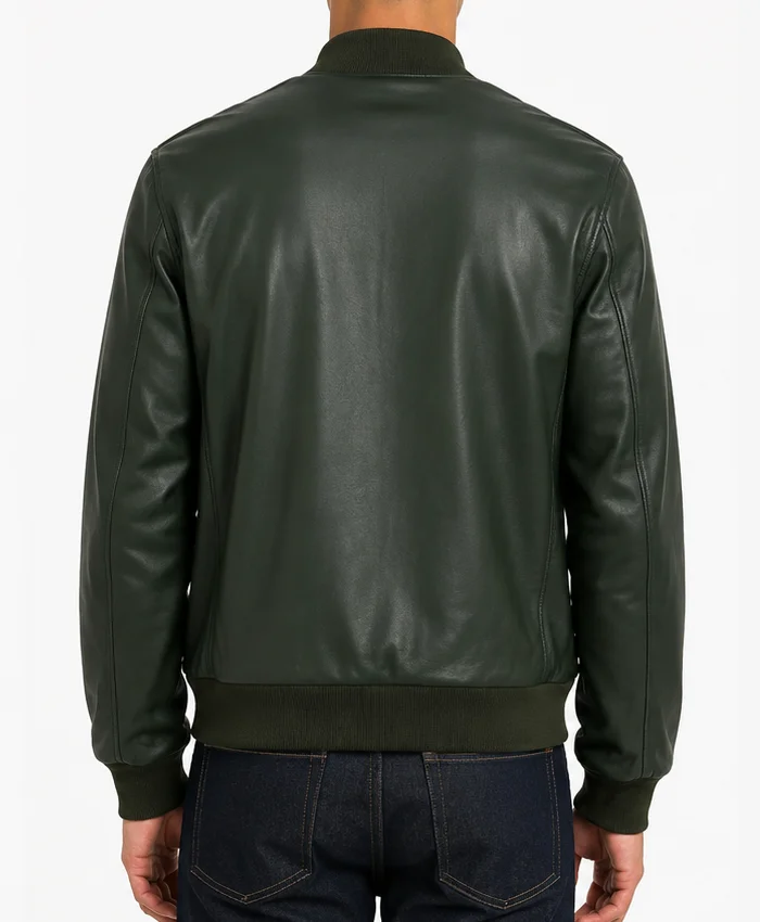 Green Leather Bomber Jacket For Mens