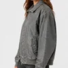 Grey Bomber Drop Shoulder Leather Jacket Oversized Fit Women