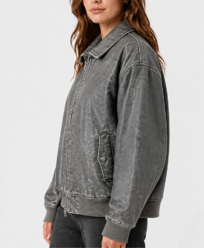 Grey Bomber Drop Shoulder Leather Jacket Oversized Fit Women
