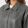 Grey Bomber Drop Shoulder Leather Jacket Oversized Fit Womens