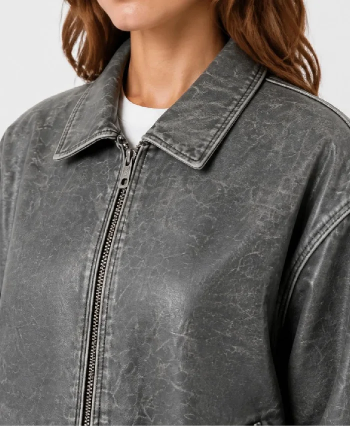 Grey Bomber Drop Shoulder Leather Jacket Oversized Fit Womens