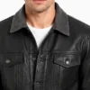 Grey Collar Black Waxed Leather Trucker Jacket For Men