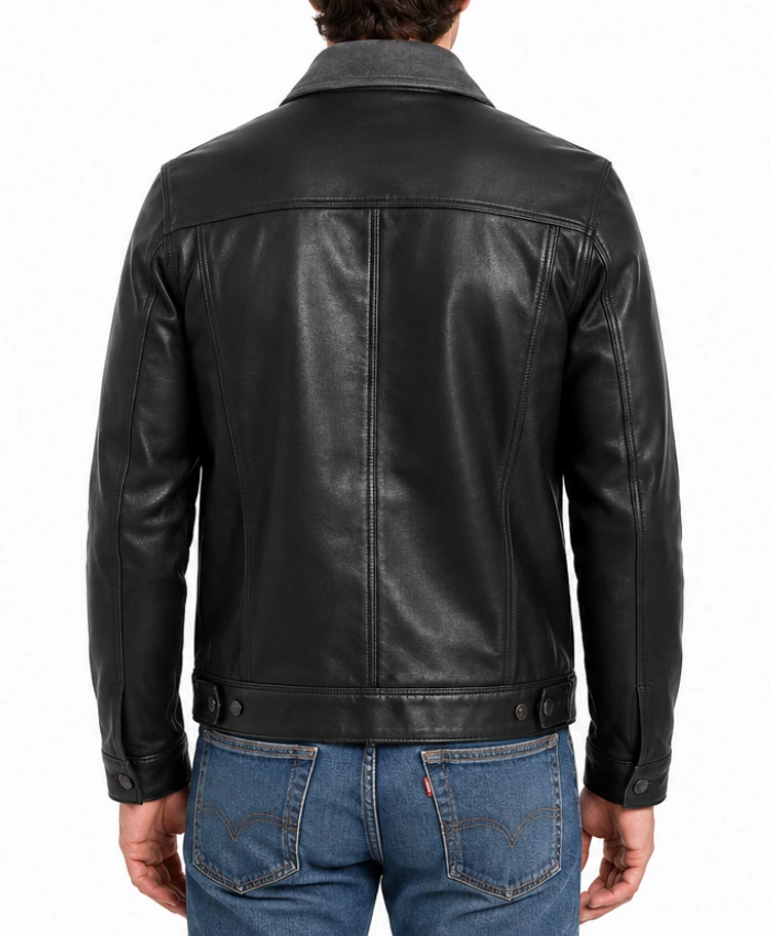 Mens Grey Collar Black Waxed Leather Trucker Jacket