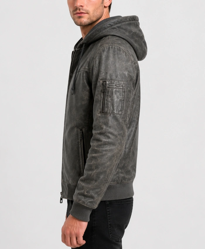Grey Mens Hooded Bomber Style Leather Jacket