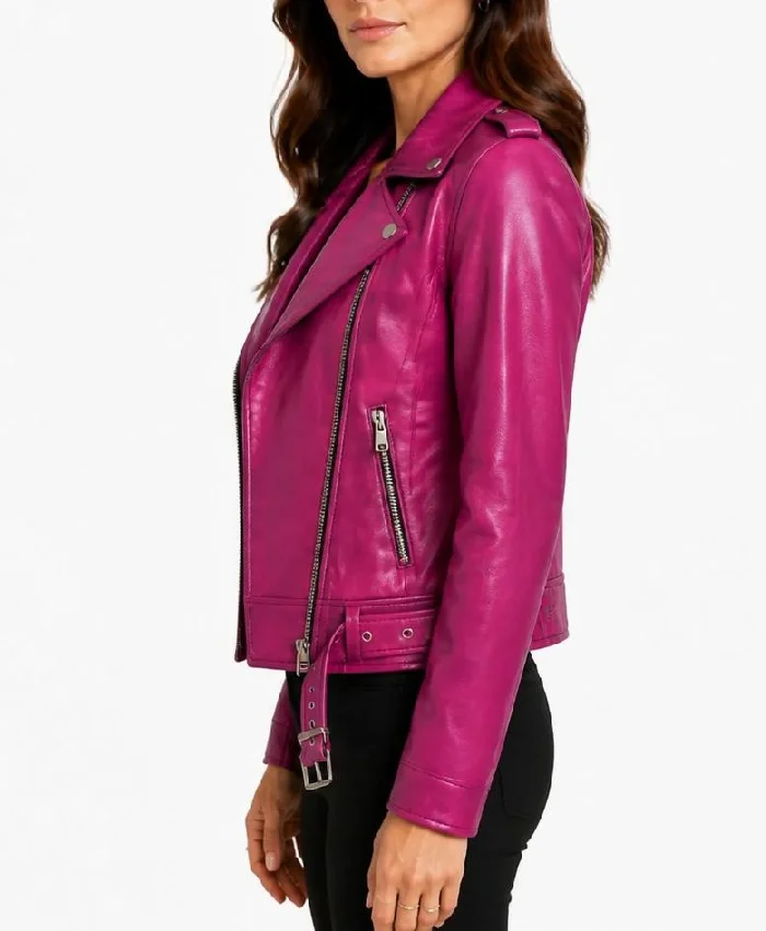 Hot Pink Metallic Leather Jacket For Womens
