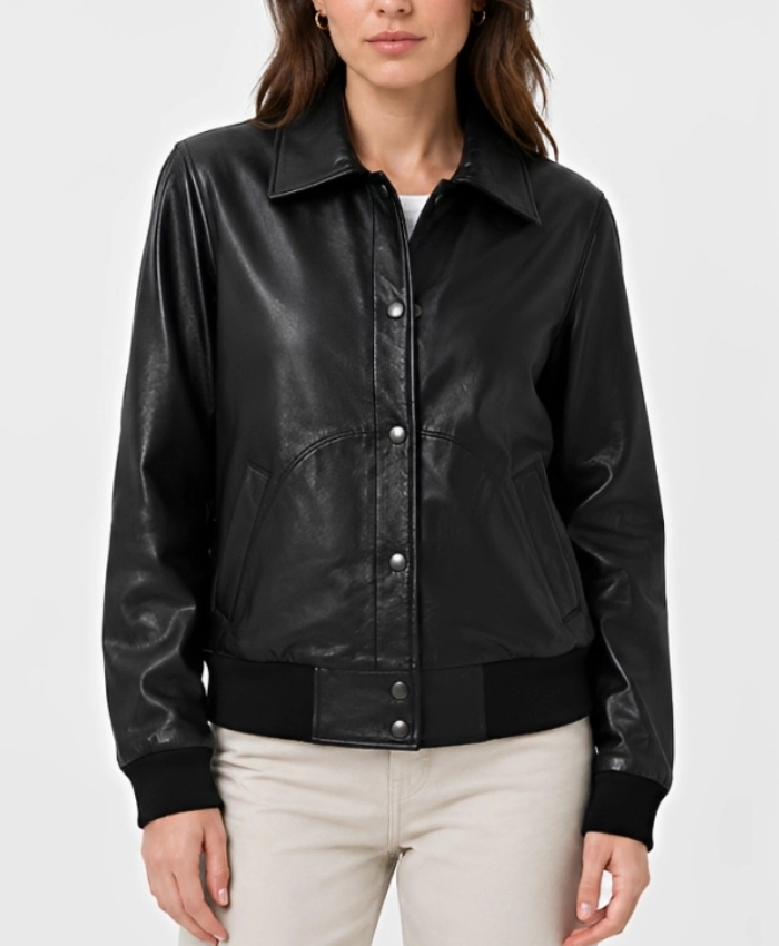 Jose Womens Black Shirt Collar Leather Harrington Jacket